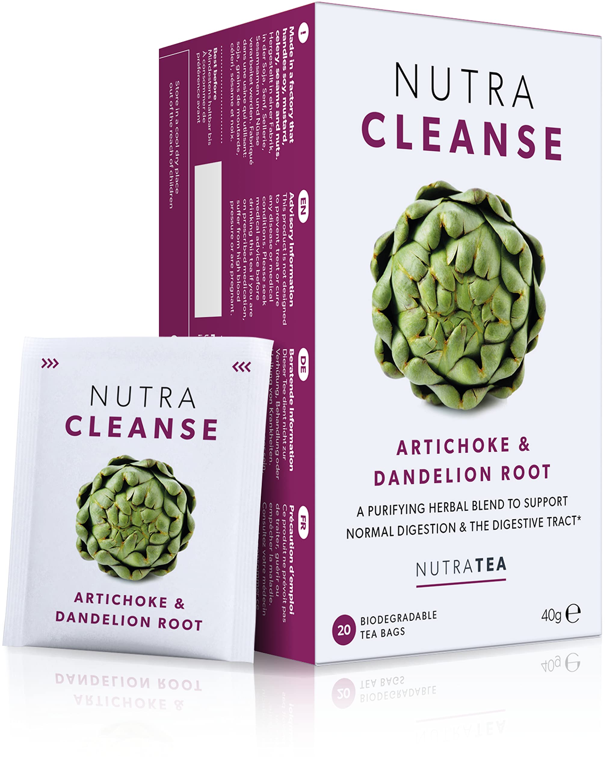 Nutra Tea NUTRACLEANSE - Detox Tea|Cleanse Tea - Helps Relieve Constipation & Encourage Digestion With Dandelion Root, Artichoke & Milk Thistle - 40 Individual Wrapped Bags - Herbal Infusion (2 Pack)