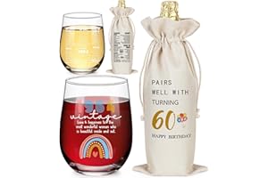 LEJIAJINW 60th Birthday Gifts for Her - 60 Years Old Birthday Gifts for Women - Vintage 60th Birthday Decorations for Women - 60 Year Old Presents Stemless Wine Glass (1 Glass, 1 Bag)