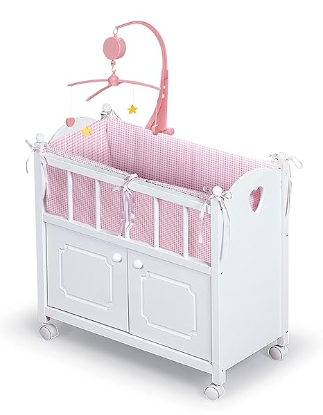 BADGER BASKET WOODEN TOY DOLL BED WITH STORAGE, MOBILE, AND BEDDING TO PRETEND AND PLAY – INCLUDES WHEELS AND FREE PERSONALIZATION KIT – WHITE WITH PINK GINGHAM FABRIC