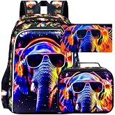 HPJGD 3PCS Boys Elephant Bookbag, Water Resistant Kids Backpack with Lunch Box, 17" School Bag Set for Teenagers Middle Elementary - Sunglasses Elephant