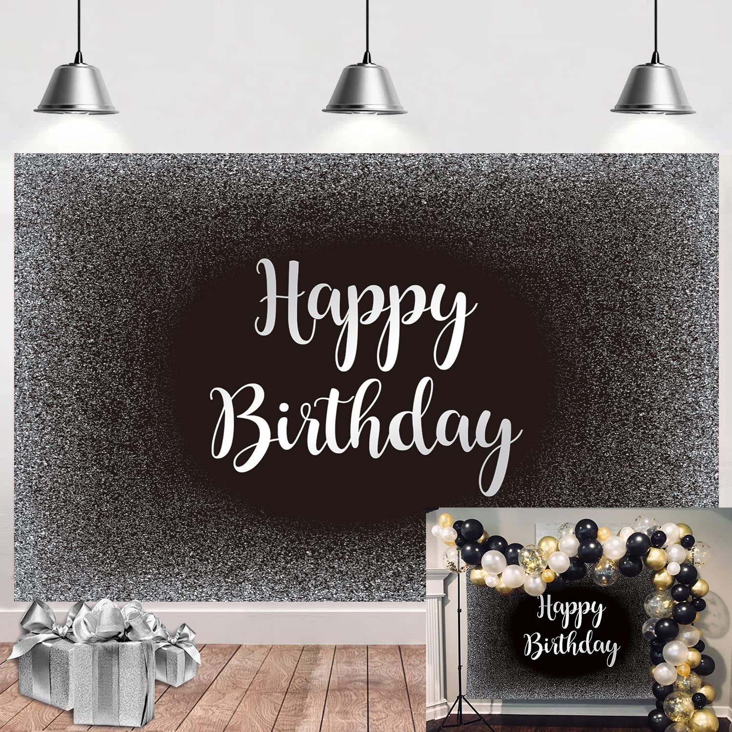 Photo 1 of Black and Silver Happy Birthday Backdrop Grey Glitter Photography Background Men Women Adult Birthday Decoration Supplies 7x5FT