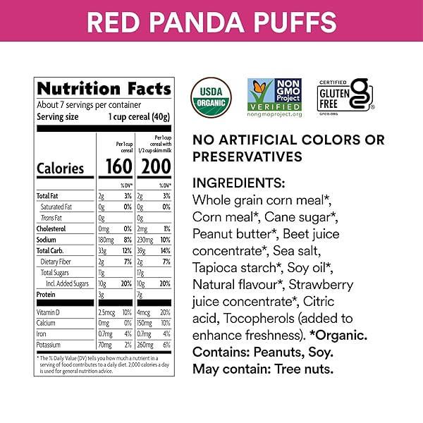 ENVIROKIDZ ORGANIC RED PANDA PUFFS CEREAL, 10 OZ (PACK OF 1), PEANUT BUTTER & STRAWBERRY, GLUTEN FREE, NON-GMO, BY NATURE’S PATH