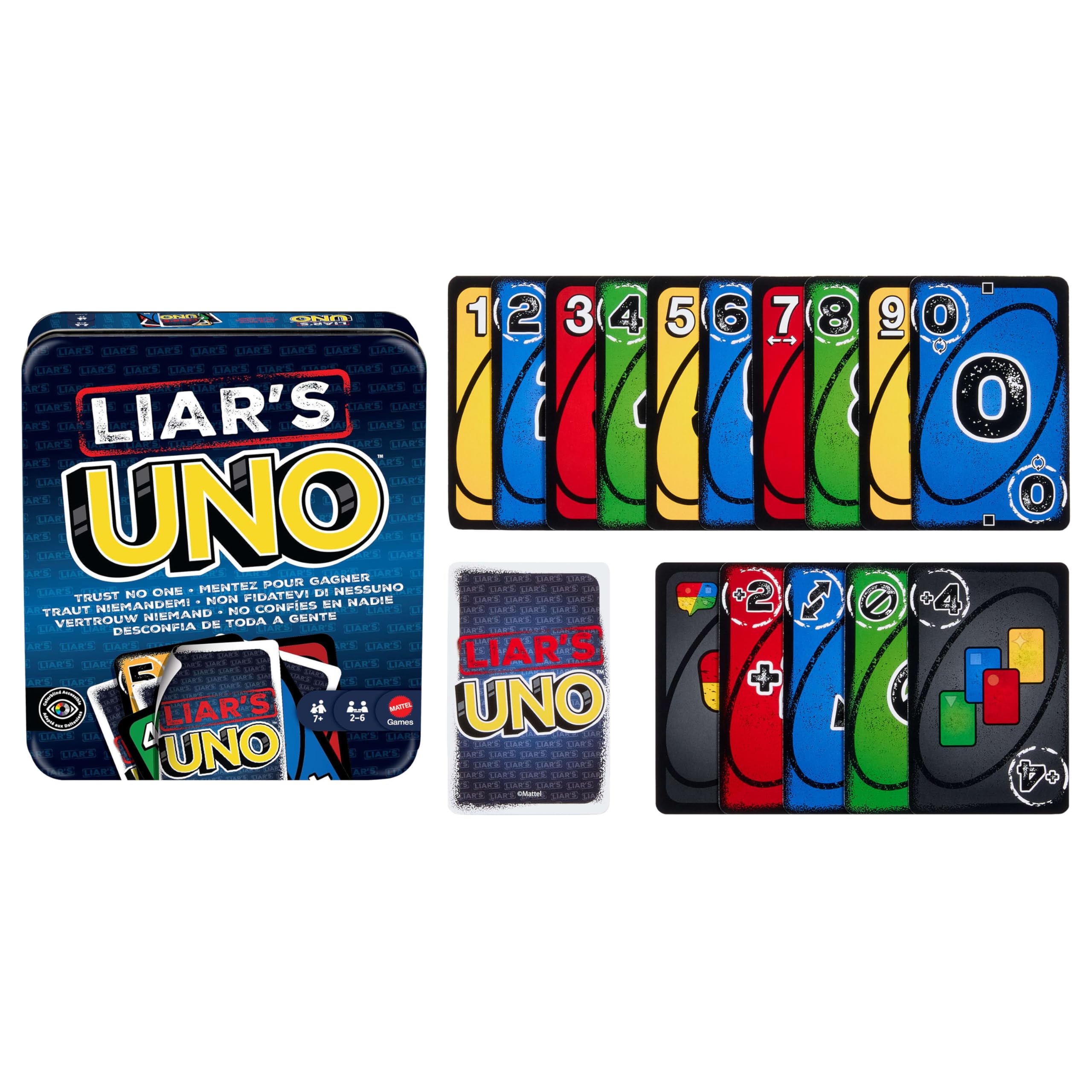 Mattel Games Liar‘s UNO Kartenspiel in Reise- und Aufbewahrungsdose für Erwachsene, Kinder, Familien, Partys und Spieleabende, Lege andere Spieler mit Bluffs und Täuschung herein, JLH68