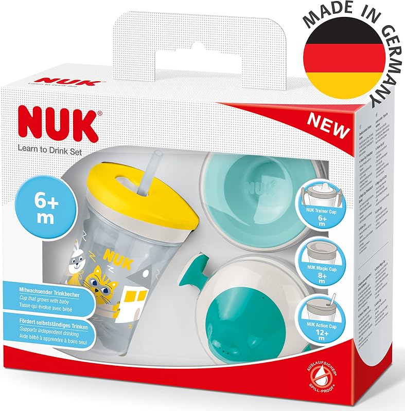 3-in-1 Trinklernset mit Trainer Cup Schnabeltasse (6+ Monate), Magic Cup 360° Trinklernbecher (8+ M) & Action Cup Trinkflasche Kinder (12+ M) | 230 ml | gelbe Katze