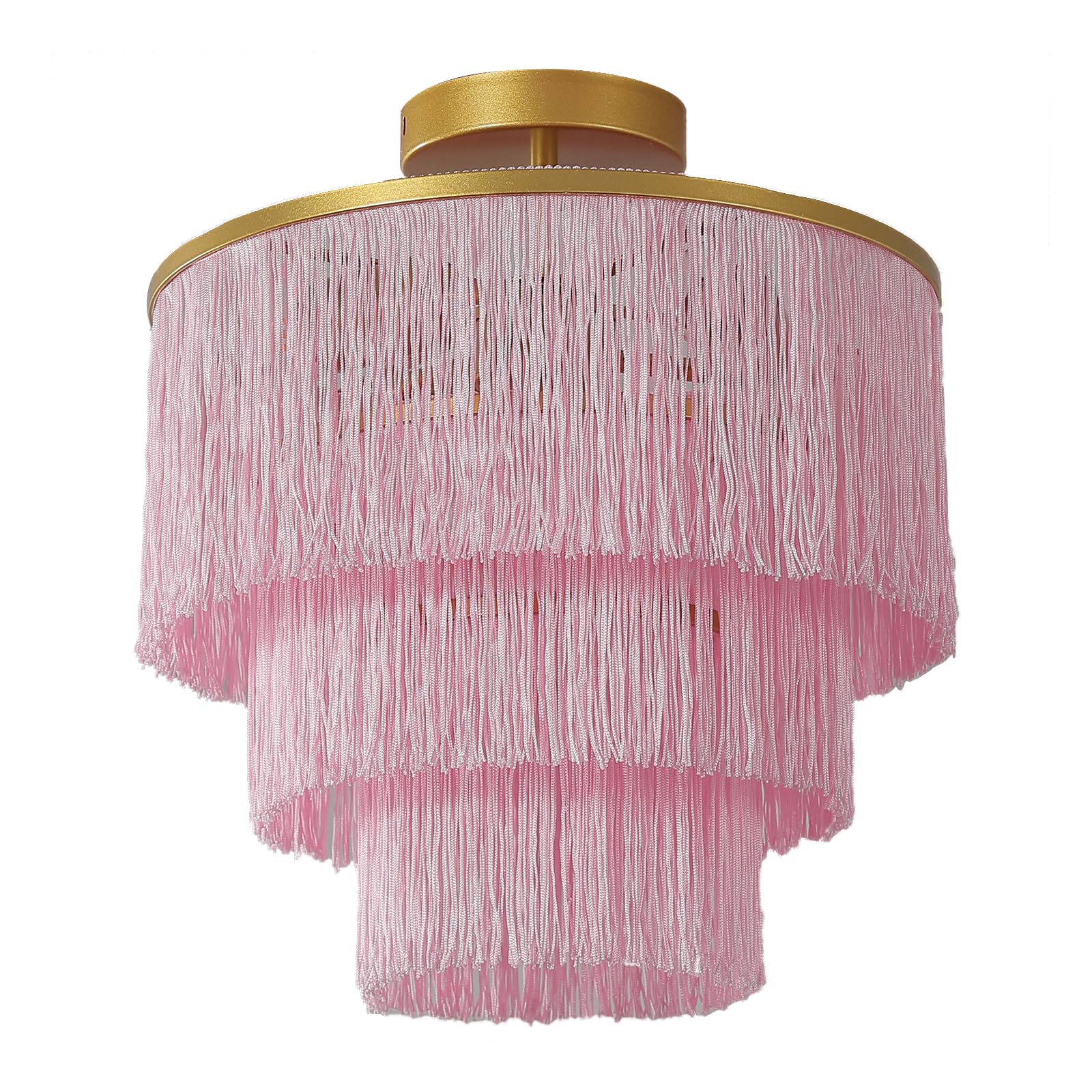 Photo 1 of vivihobb Pink 3-Tiererd Fringe Chandelier,3-Light Semi Flush Mount Ceiling Light,Boho Light Fixture,for Bedroom,Nursery,Laundry Room.