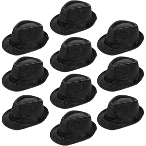 10 Pack Black Fedora Hats for Men Women, Short Brim Panama Sun Hat Party Costume, Circumference 22-22.8 Inch (56-58 cm), Poly