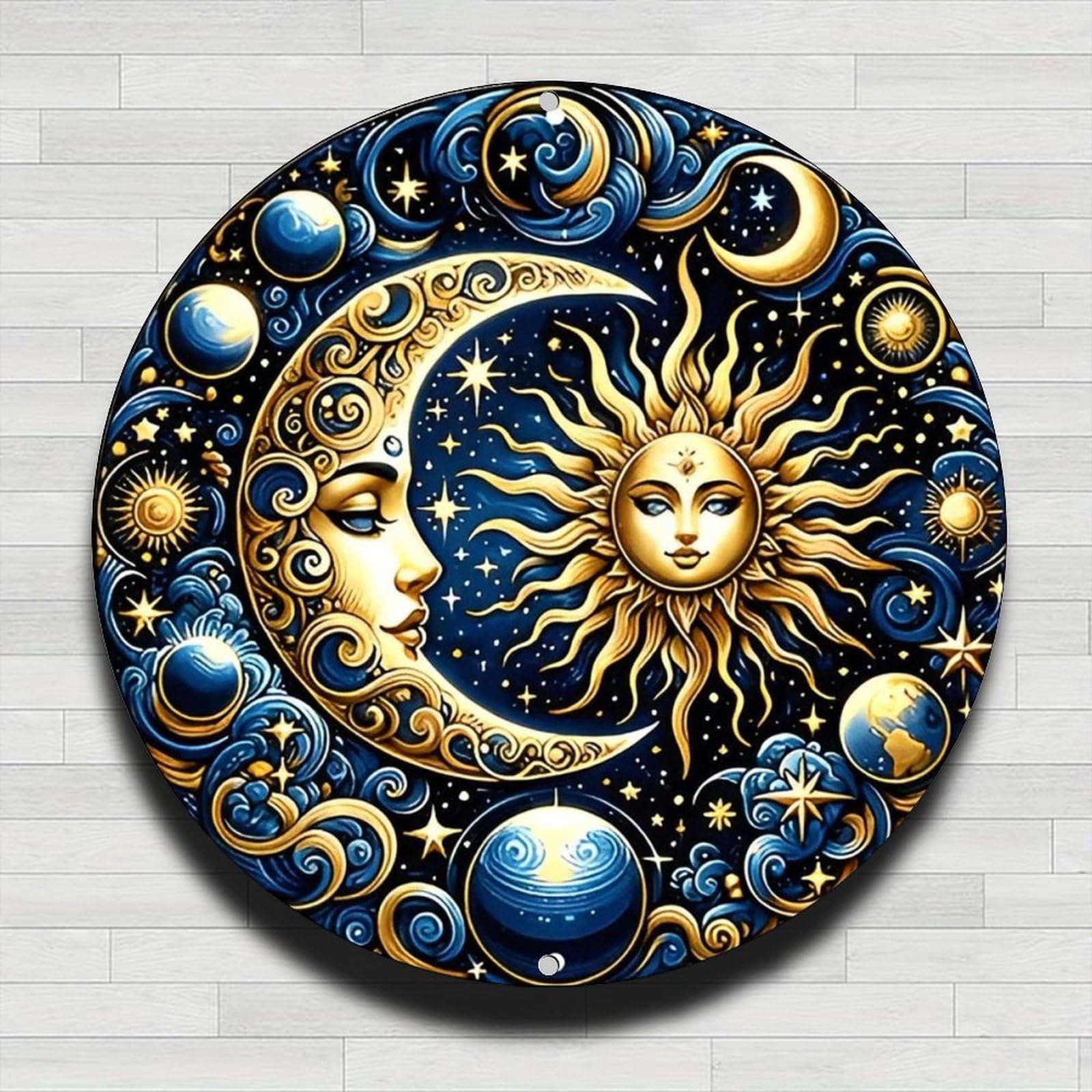 Photo 1 of *Bent* Celestial Sun Moon Cosmic Galaxy Bohemian Vintage Rustic Aluminum Metal Round Wall Sign - 8in Indoor Outdoor Gifts and Decor for Home, Office, Cafe & Yard