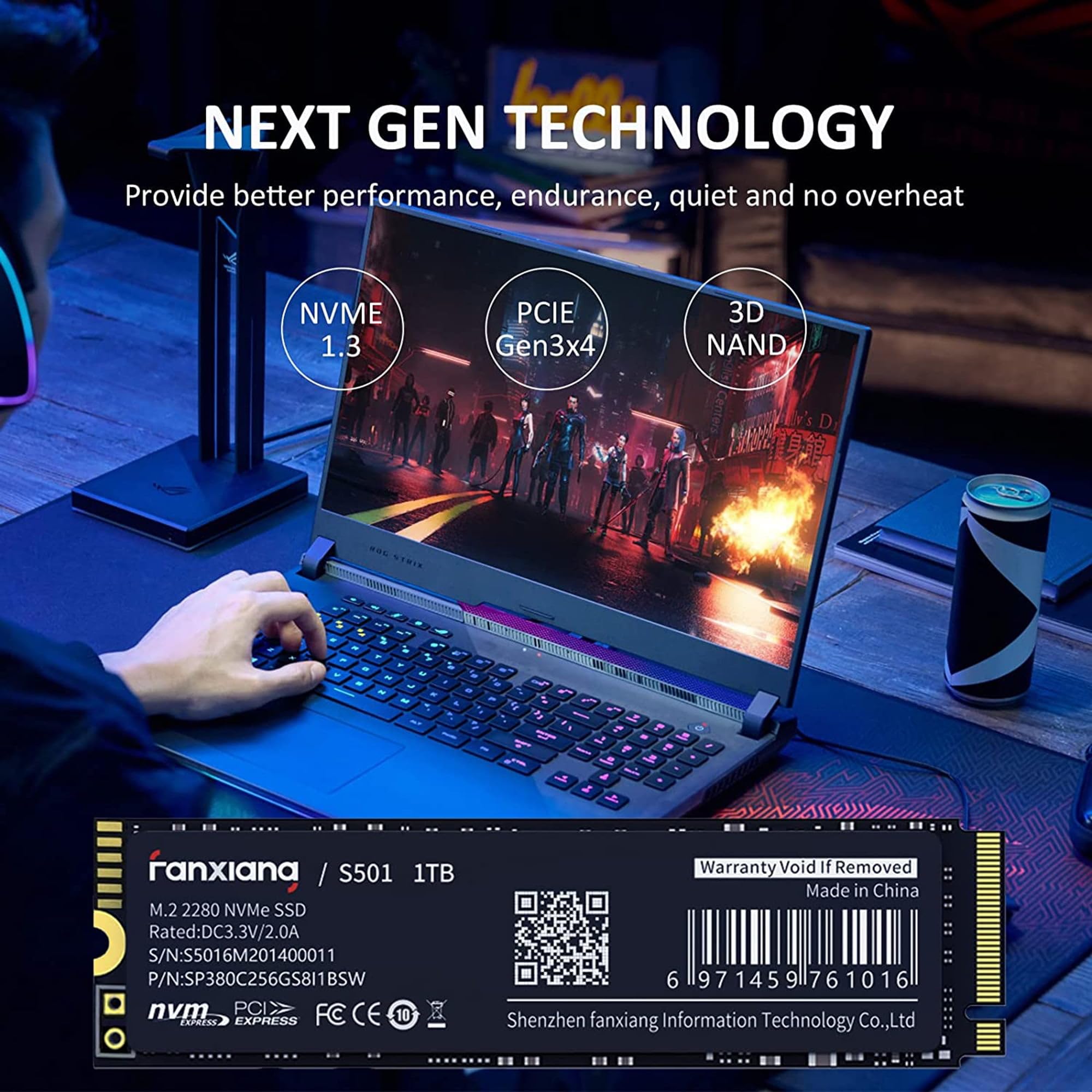 fanxiang S501 1TB NVMe SSD 3D NAND 1.3 PCIe Gen3x4 M.2 2280 Internal Solid State Drive (Read/Write Speed up to 2,150/1,600 MB/s) Compatible with Laptop & PC Desktop