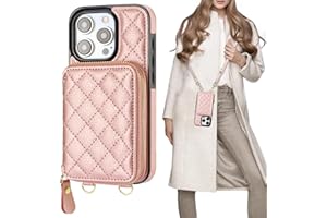 Bocasal Crossbody Wallet Case for iPhone 15 Pro, RFID Blocking PU Leather Zipper Handbag Purse Flip Cover, Kickstand Folio Case with Card Slots Holder Wrist Strap Lanyard 5G 6.1 Inch (Rose Gold)