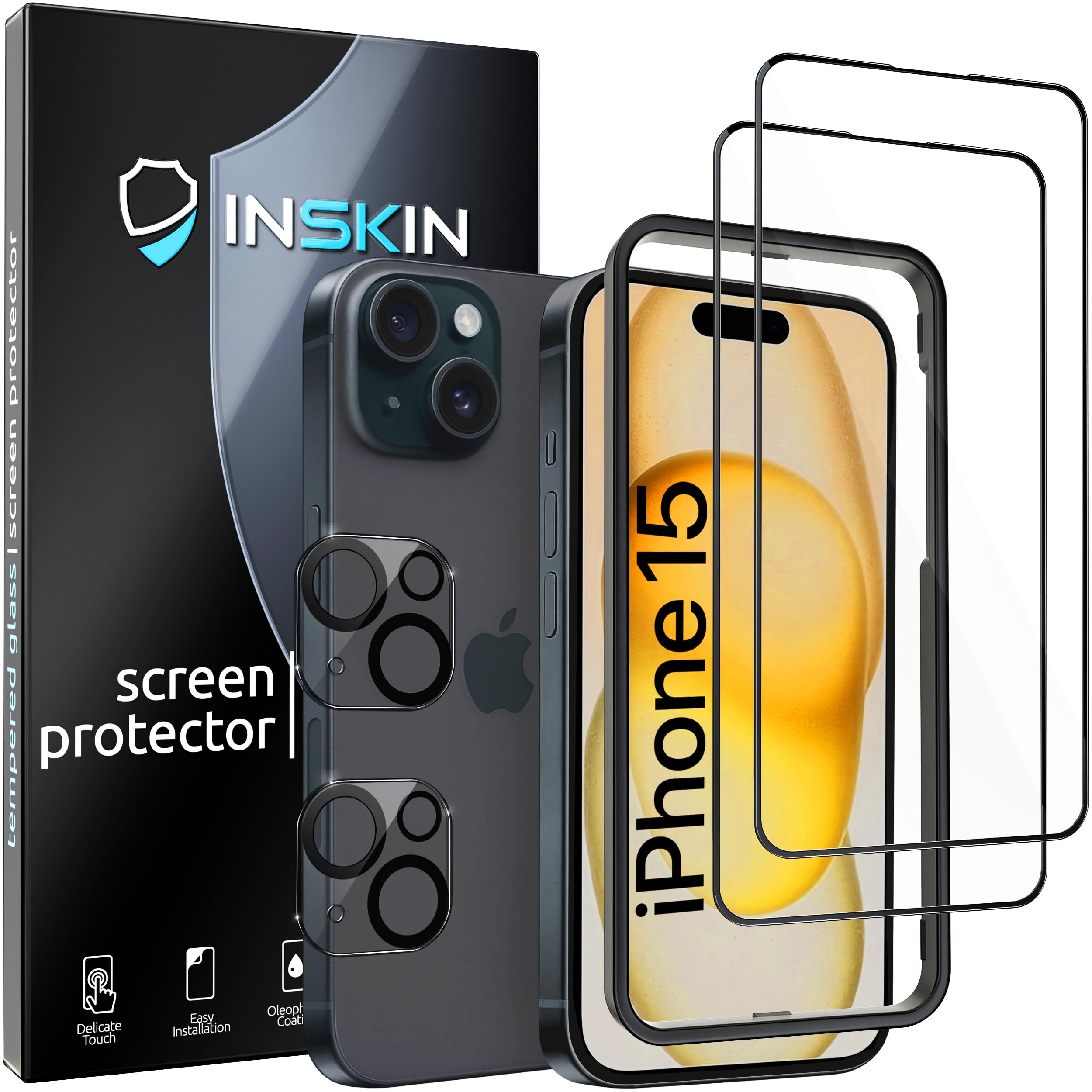Inskin Matte Anti Glare Tempered Glass Screen Protector for iPhone 15 6.1 inch [2023] - Ultimate 2+2 Bundle with HD Clear Camera Lens Guard and Auto Alignment Tray, Case Compatible