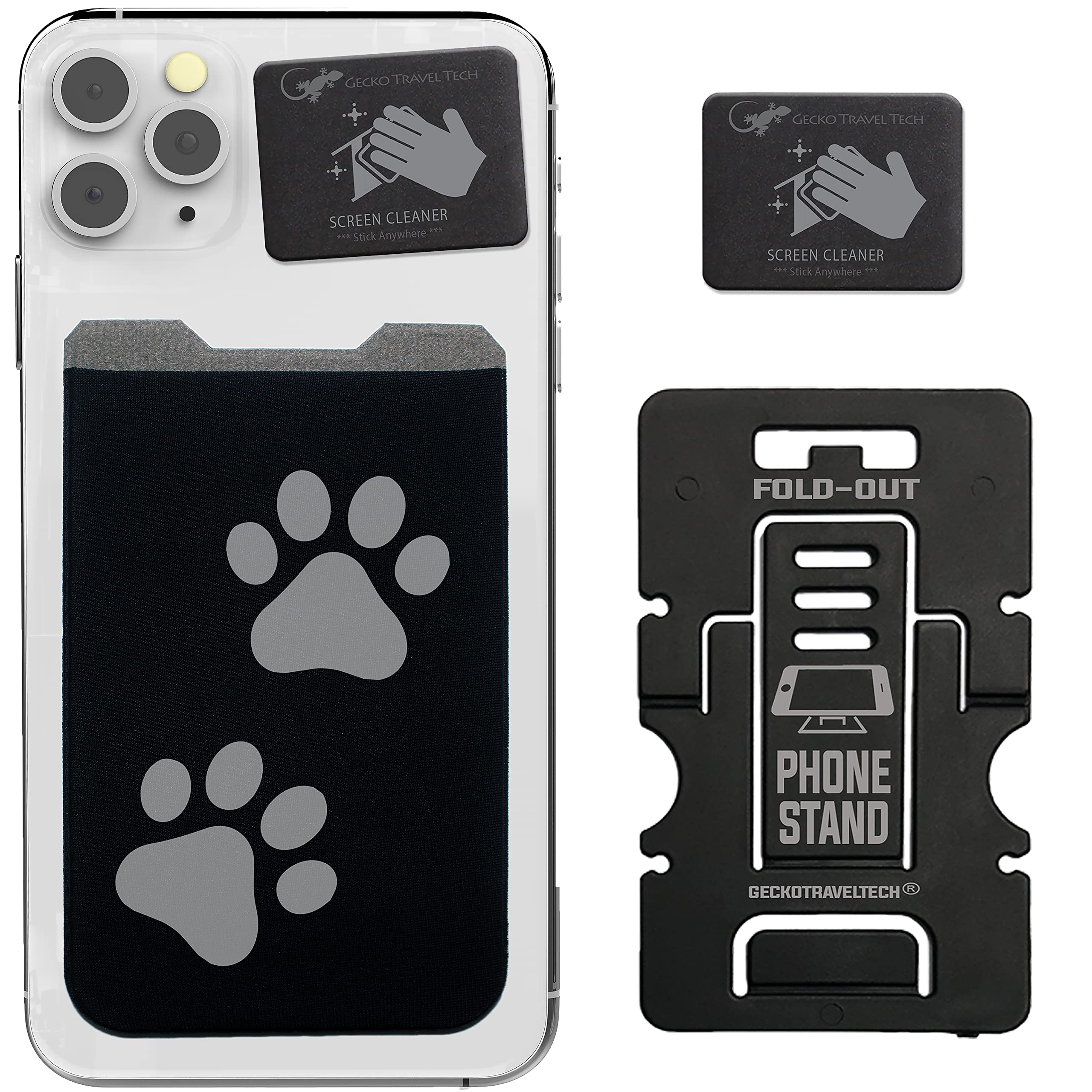 Gecko Sticky Card Holder for Phone Case - Big Paw Print Phone Wallet Stick On - Adhesive Credit Card Holder with Bonus Stand & Screen Cleaner
