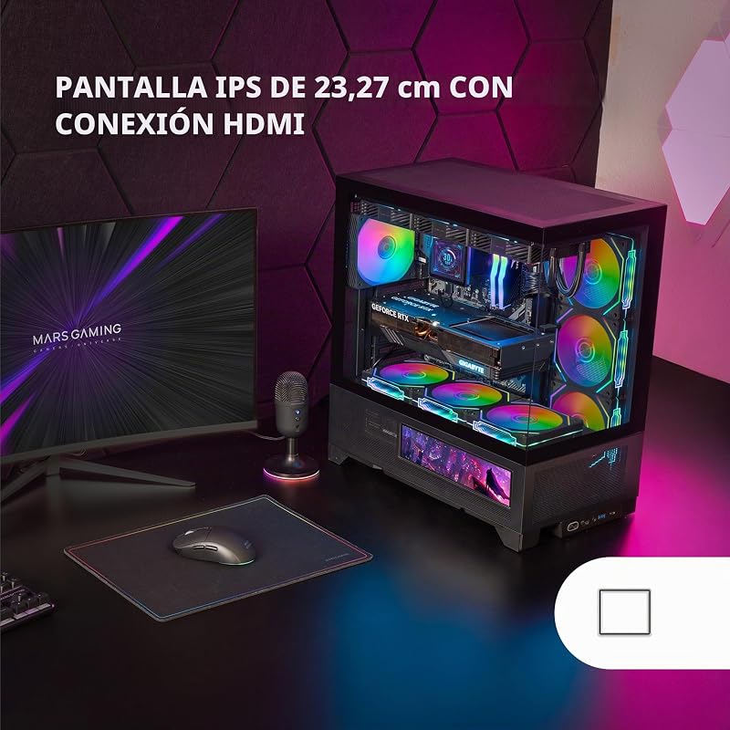 MC-LCDX, Caja Gaming ATX, Pantalla IPS 9.16" Integrada y Conexión HDMI, Cristal Templado Continuo, Panel Inferior Full Mesh, Doble Cámara, Soporte Refrigeración Líquida hasta 360mm, Negro