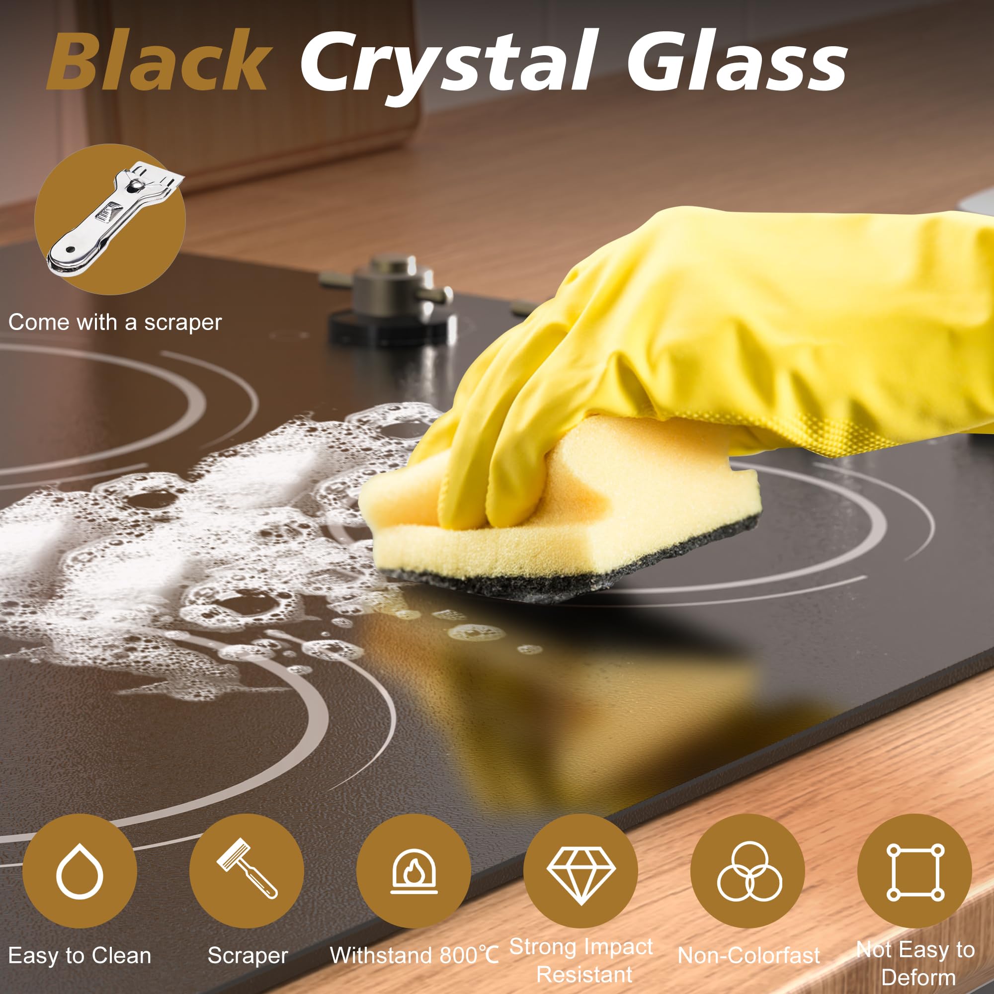 24 Inch Electric Cooktop - 4 Burner Drop-in Glass Ceramic Stove Top 6000W, 220V Radiant Electric Stove, 9 Power Level, Pause Key, Safety Lock, Touch & Knob Control, 240V Hard Wired (No Plug)