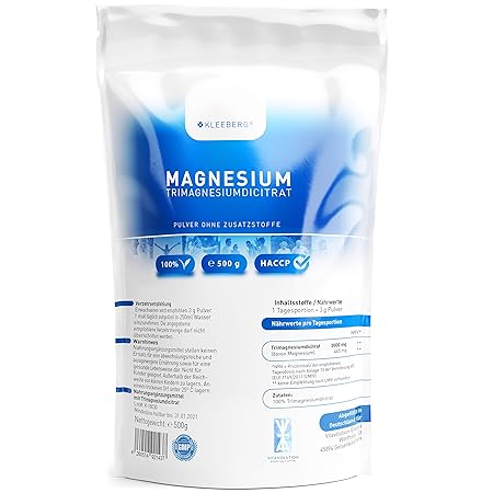 Magnesiumcitrat Pulver 500g hochdosiert | Trimagnesiumdicitrat vegan | Portion: 465 mg Magnesium-Citrat bei Magnesiummangel |