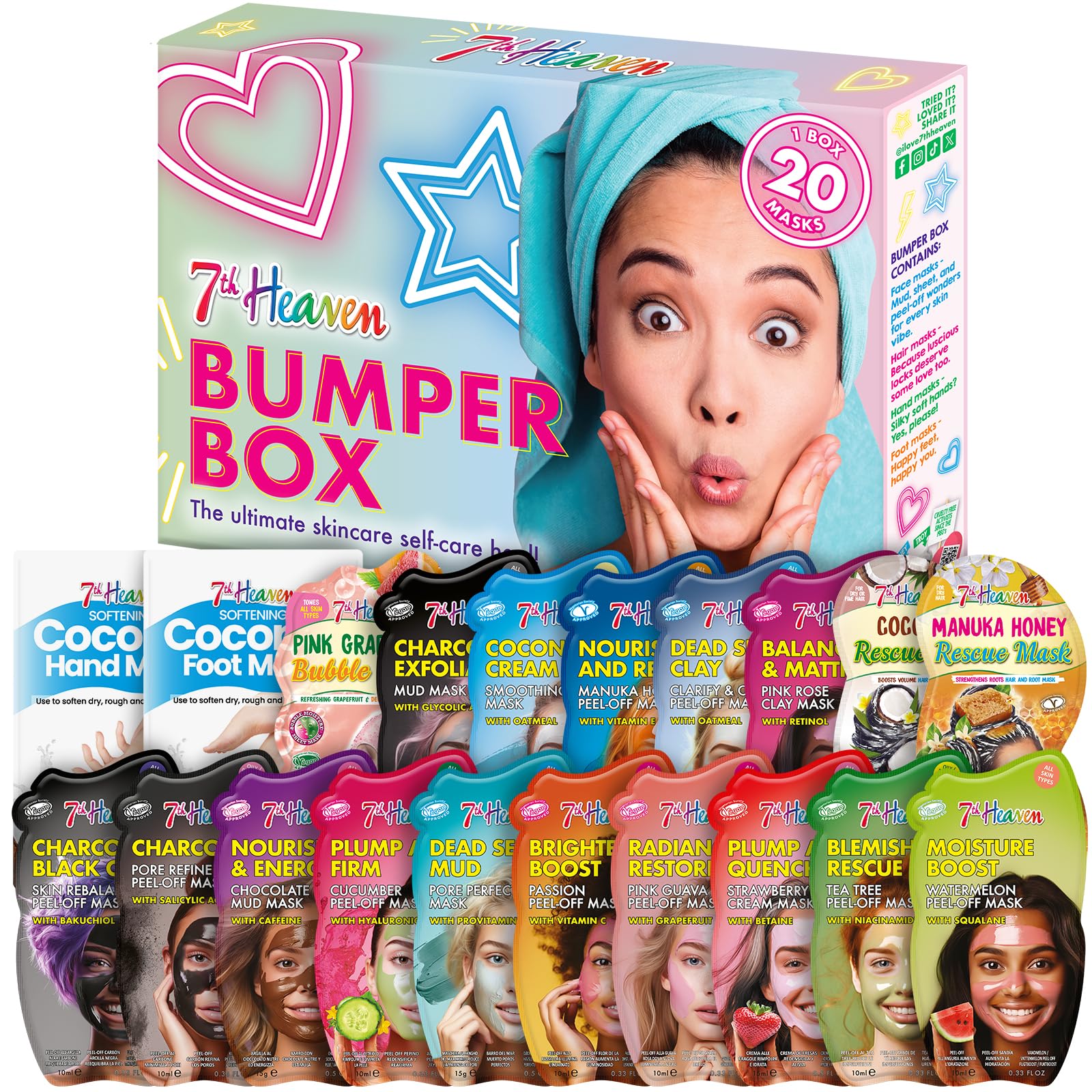 7th Heaven Bumper Box Skin Care Gift Set - Pack of 20 Face, Hair and Body Masks - Variety of Mud, Cream and Peel-Off Masks - Deeply Moisturising, Fruity, Hydrating and Skin Rejuvenating