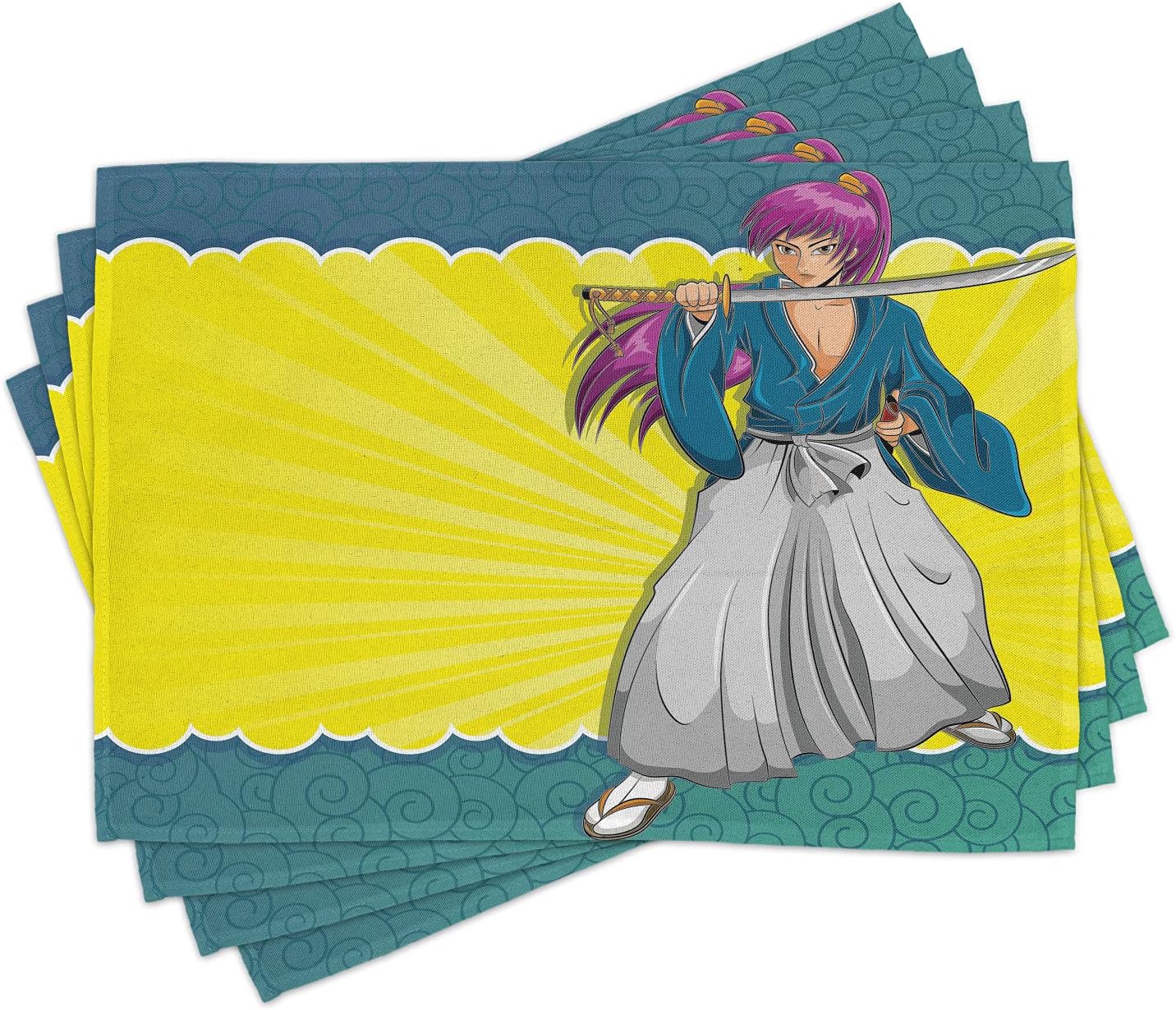 Amazon Com Ambesonne Anime Place Mats Set Of 4 Manga Style Girl Samurai Warrior Character On Abstract Background In Yellow And Blue Washable Fabric Placemats For Dining Room Kitchen Table Decor Multicolor Home