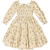 Toddler Girl Dress Long Sleeve Baby Floral Smocked Square Neck Playwear Dress | Spring Fall Casual Dresses 1-6Y