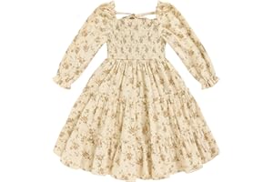 SINHOON Toddler Girl Dress Long Sleeve Baby Floral Smocked Square Neck Playwear Dress | Spring Fall Casual Dresses 1-6Y