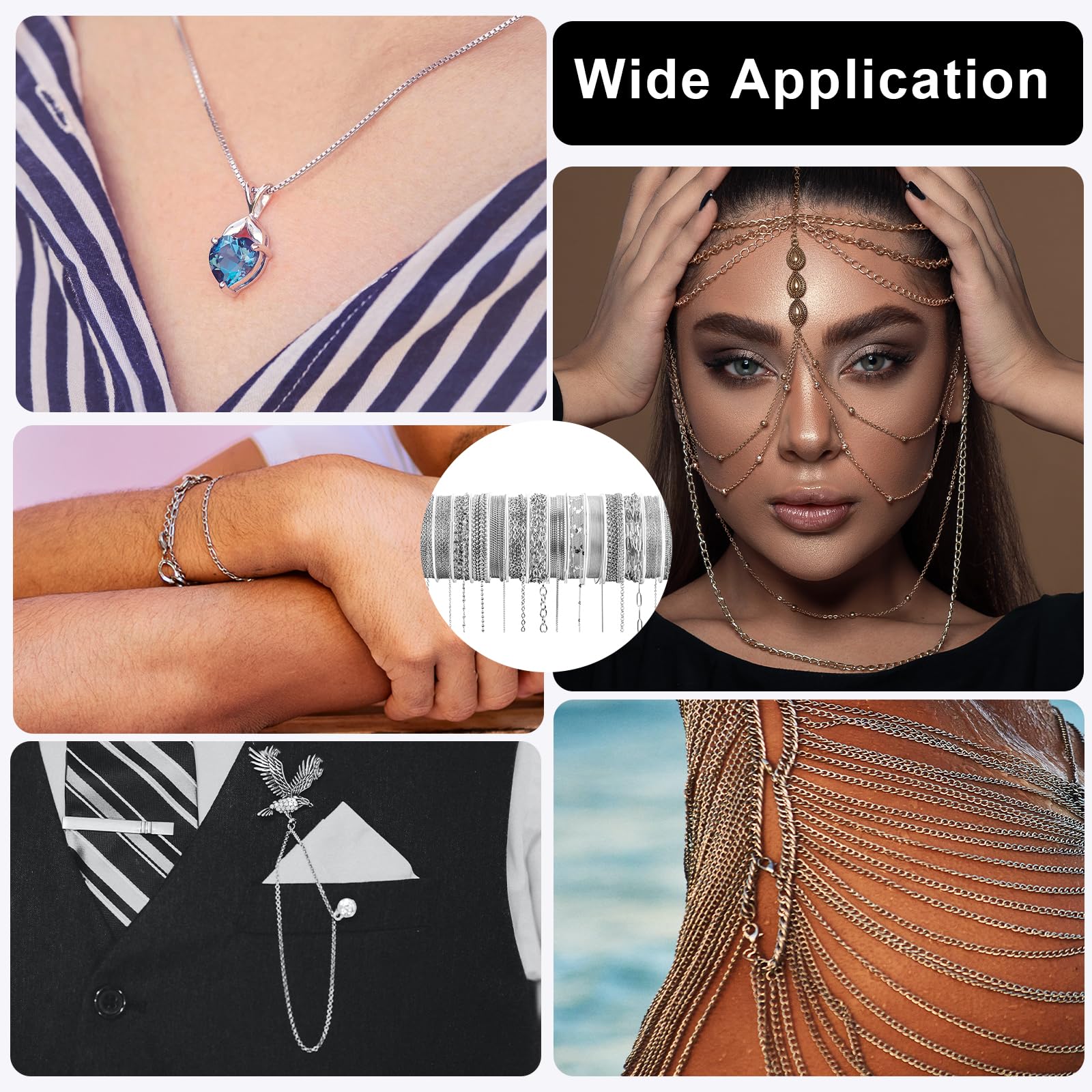 Necklace Chains for Jewelry Making, 111.5 Feet 15 Rolls Stainless Steel Jewelry Chains for DIY Necklace Bracelet Jewelry Making Accessories with Stainless Steel Jump Rings/Lobster Clasps/Connectors