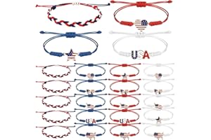 Aurelema 24 Pcs 4th of July Bracelets Red White and Blue USA Star American Flag String Woven Bracelets Bulk decorations for Patriotic Independence Day Party Favors