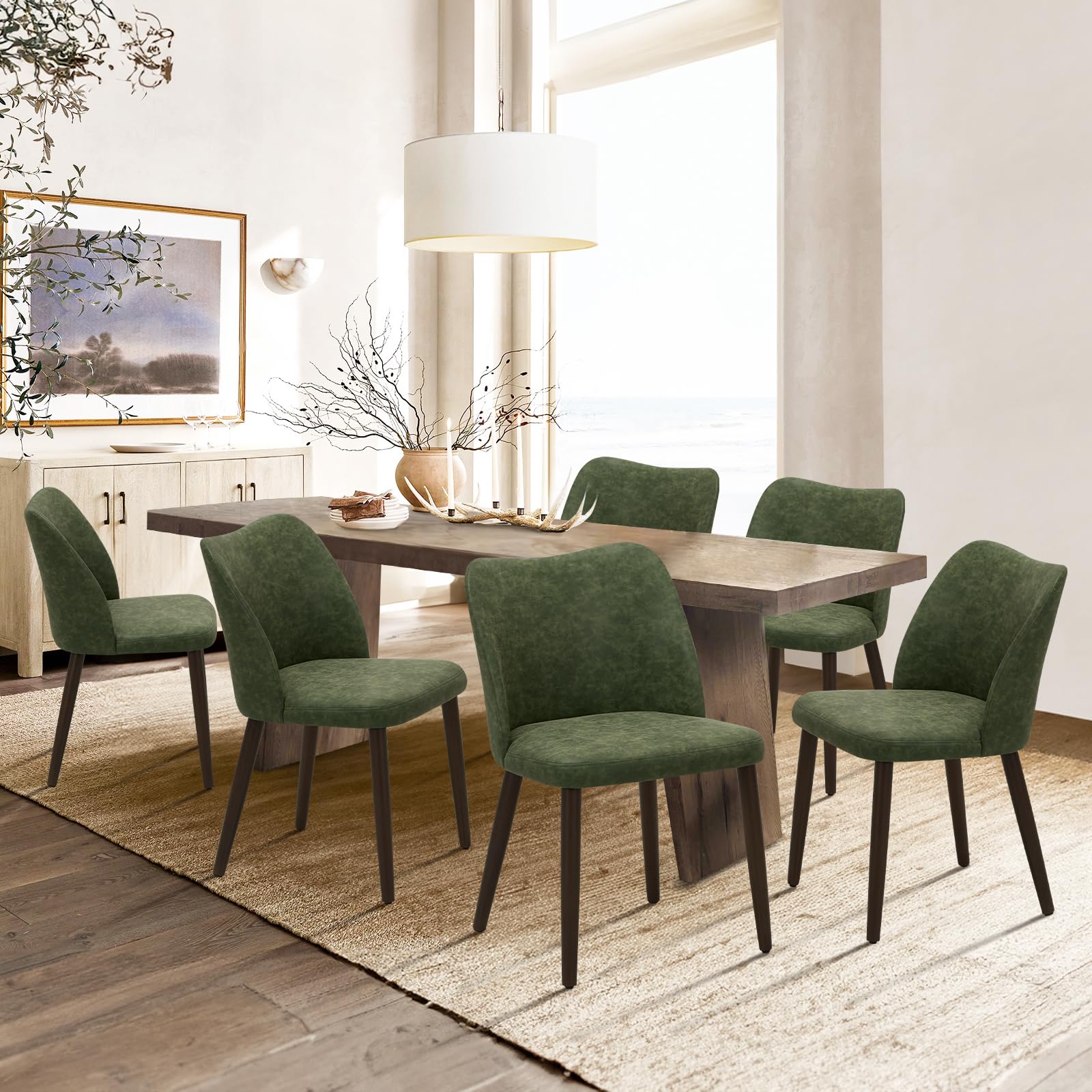 Photo 1 of **** MISSING PIECES FINAL SALE *****COLAMY Upholstered Dining Chairs Set of 6, Modern PU Leather Dining Room Kitchen Side Chair with Padded Seat and Wood Legs Restaurant/Cafe, Green