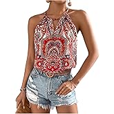 Floerns Women's Paisley Print Sleeveless Halter Tops Cut Out Boho Camisole