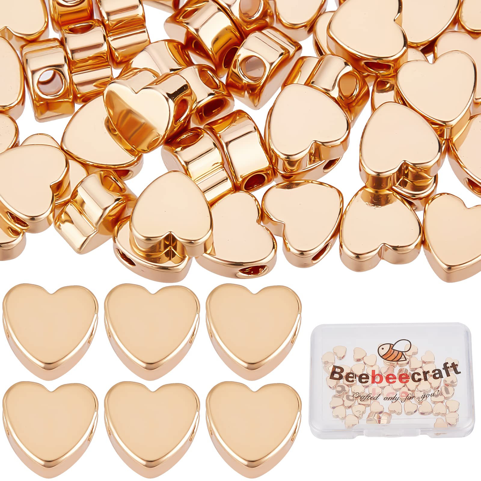 Beebeecraft 50Pcs/Box Heart Beads 18K Gold Plated Heart Spacer Beads Small Hole Metal Loose Beads for DIY Necklace Bracelet Earring Craft Wedding Valentine Mother's Day