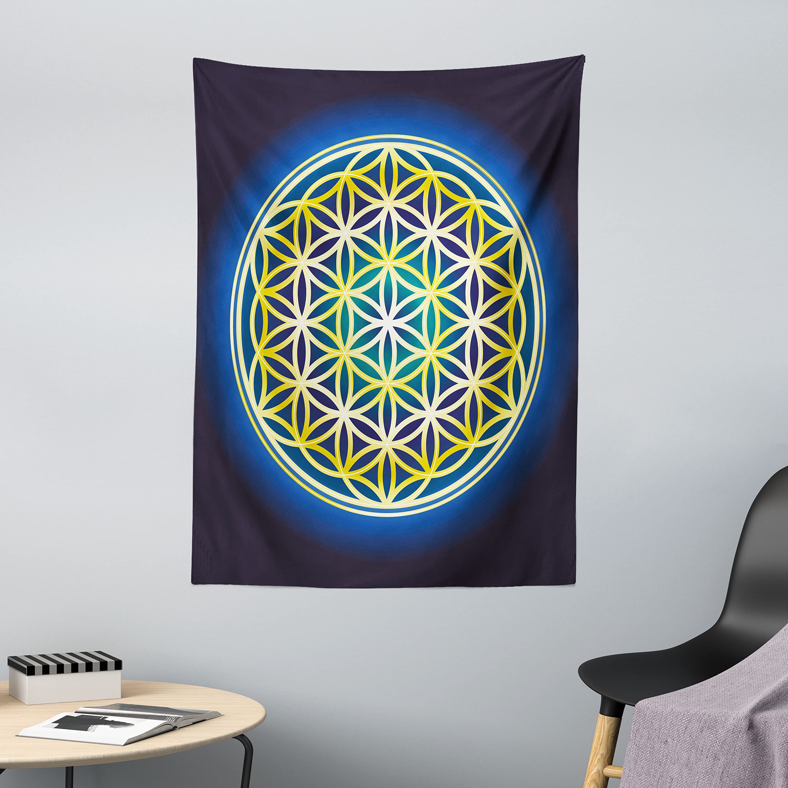 ABAKUHAUS Abstract Tapestry, Nature Spirals Flower of Life Artistic Energy Sacred Illustration, Fabric Wall Hanging Decor for Bedroom Living Room Dorm, 43 W X 58 L, Indigo Violet Blue Yellow