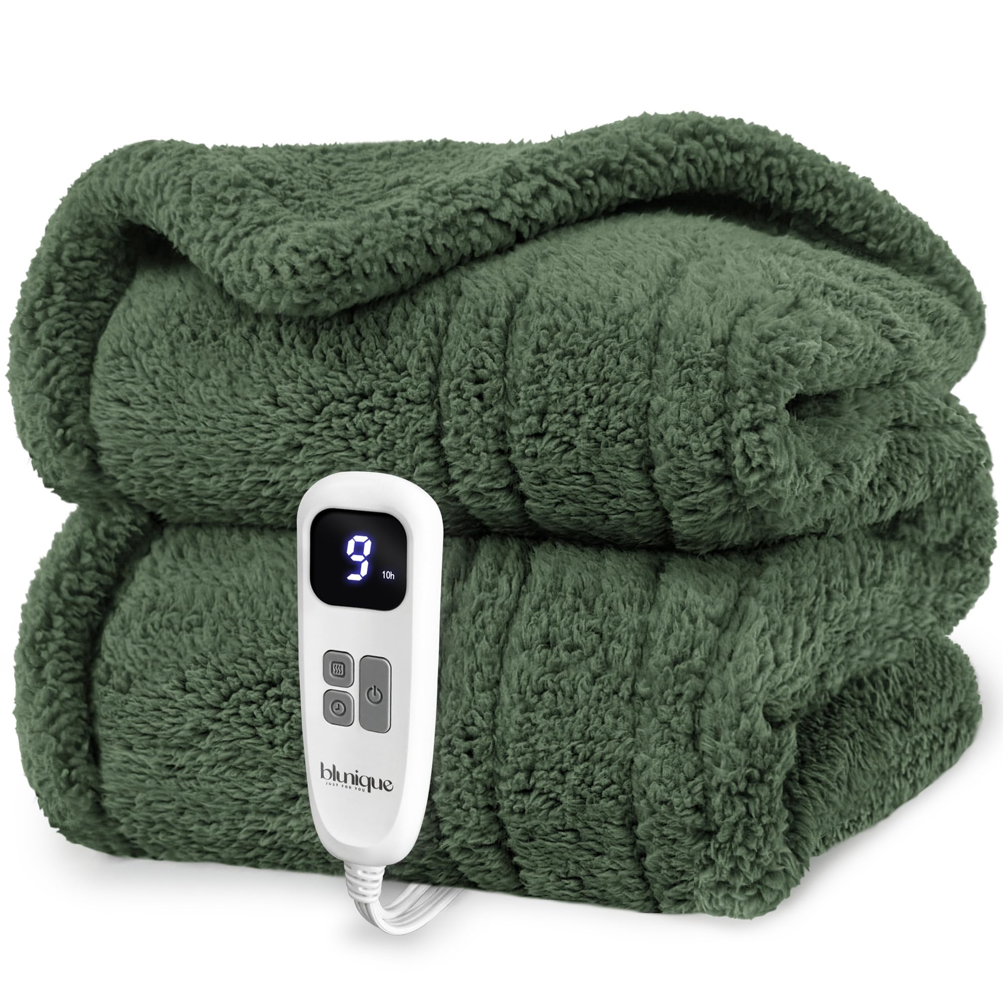 Photo 1 of blunique Heated Blanket Electric Blanket Throw - Fast Heating Blanket Throw Double Sided Sherpa Ultra Soft Cozy with 10 Heating Levels & 2-10 Hours Auto Off, Mashine Washable, 50 x 60 Inches, Green