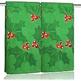 Xkdamai 2 Pack Christmas Holly Berry Hand Towels 100% Cotton Jacquard Holiday Kitchen Dish Towels Retro Neutral Green Bathroom Towels Set Gift Seasonal Xmas Winter Bathroom Decor (Holly Berry Green)