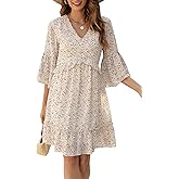Manydress Womens V Neck Chiffon 3/4 Ruffle Bell Sleeve Dress Casual Flowy Boho Party Dresses MY118 (Beige Print, S)