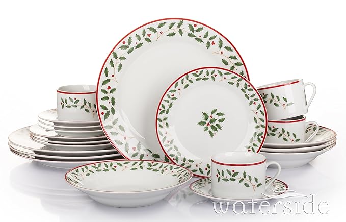 title=Waterside Fine China- Set completo da tavola, 20 pezzi, con agrifoglio