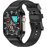 Deczone Band with Stainless Steel Case Compatible with Apple Watch Series Ultra 1 2 3 49mm Band, iwatch Bands Rugged Metal Protective Cover for Men (Black)