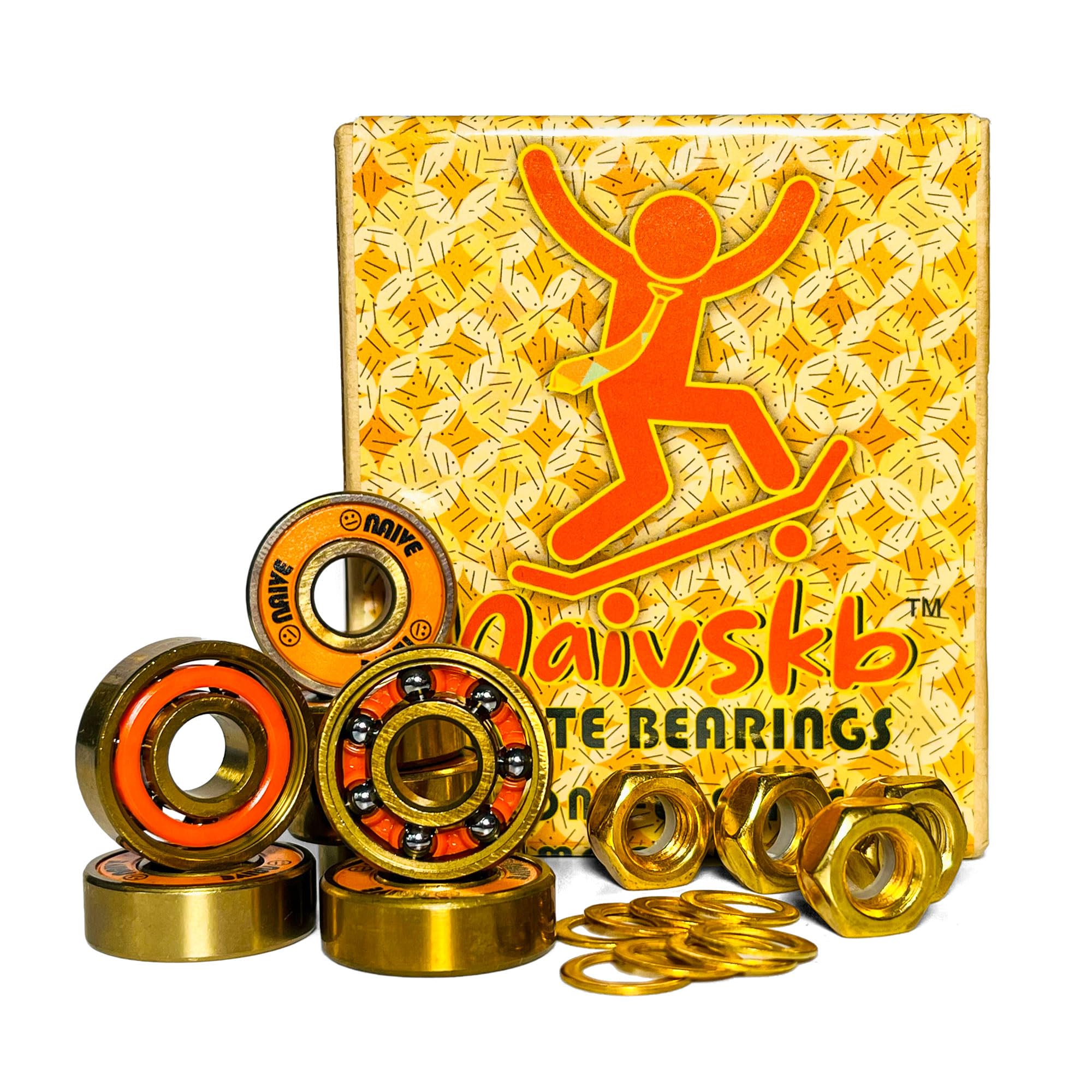 Naivskb Skateboard Bearings 8mm 8 Pack w/Locknuts Washers Skateboards Longboards Cruisers Surfskates Scooters Roller Skates (Golden Orange)
