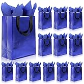 Addblu 12 Pack Reusable Gift Bags with Handles & 24 Tissue Papers, 10x4x8 Inch Iridescent Gift Bags with Cardboard Bases for Shopping, Parties, Birthdays, Weddings, Holiday (Blue Gift Bag)