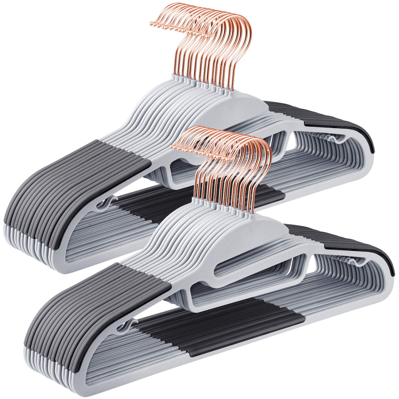 SONGMICS 30-Pack Coat Hangers, Plastic Suit Hangers, Premium Quality, Heavy-Duty, S-Shaped Opening, Non-Slip, Space-Saving, 0.5 cm Thick, 360° Rose Gold Swivel Hook, 41.5 cm Wide, Grey CRP43G30
