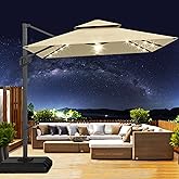 Garvee 10 ft Solar Lights Cantilever Patio Umbrella with Base Included, 360° Rotation Offset Umbrella, Easy Crank & Tilt Adjustment, UV Protection for Backyard, Poolside, Deck