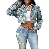 SweatyRocks Women's Cropped Bomber Floral Jacquard Jacket Long Sleeve Button Down Y2K Trendy Crop Varsity Jackets