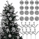 Syhood 24 Pcs Christmas Tree Black White Candy Ornaments, Fluff Christmas Balls Woolen Candy Cane Curly Picks Hanging Xmas Tree Swirl Branches for Hanging Wreath Garland Table Vase Mantel Decor