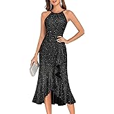 BeryLove Sequin Formal Cocktail Wedding Long Dresses Evening Ruffle Halter Prom Dress