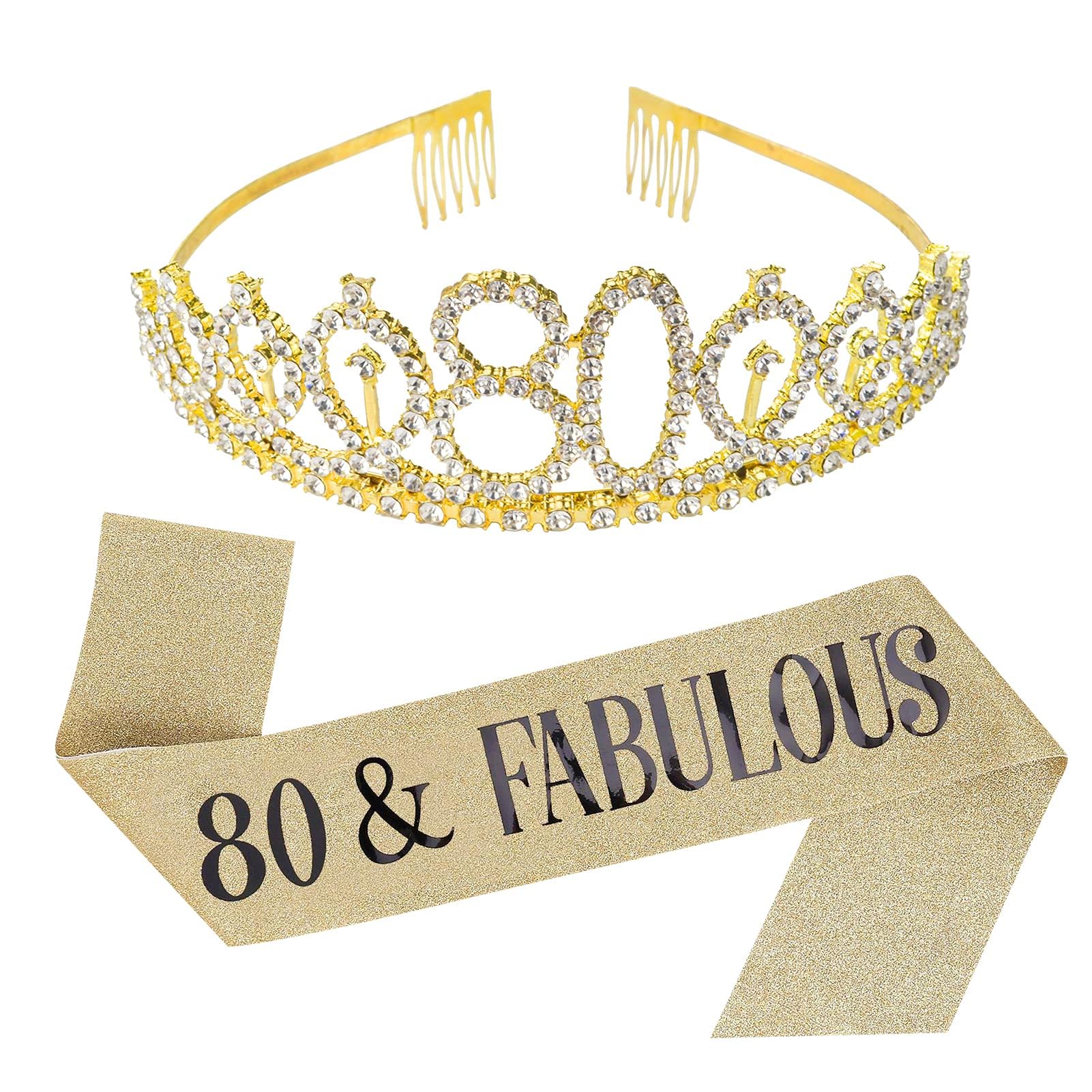 AIBAOBAO 80th Birthday Sash & Tiara Kit, Gold Sash & Rhinestone Tiara Set - 80 Birthday Gifts, Women's Accessory Set