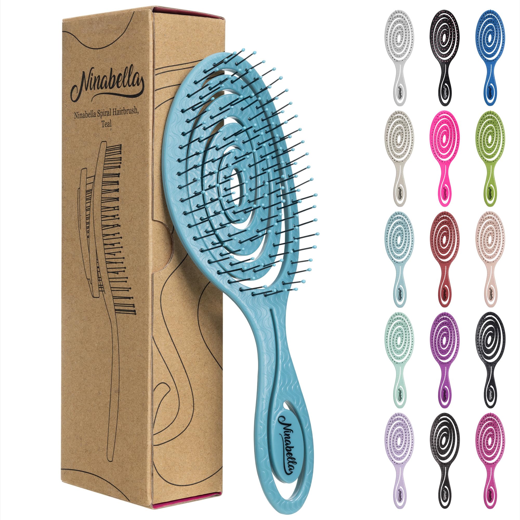 Ninabella Detangling Hair Brush for Women & Men - Does not Pull Straightening Brushes for Straight, Curly & Wet Hair - Detangle Brush - Unique Spiral Hairbrush - Teal
