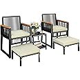 Yaheetech 5-Piece Outdoor Conversation Set, Wicker Rattan Patio Furniture Set w/Rattan Armchairs, 2-Layer Side Table, Ottomans, Acacia Wood Armrests & Metal Frame for Backyard, Porch, Balcony