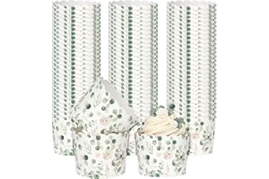 Qinyoung 150 Pcs Green Eucalyptus Leaf Paper Baking Cups Greaseproof Disposable Scalloped Cupcake Liners Greenery Cupcake Muf