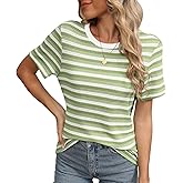 LILBETTER Summer T Shirts for Women Casual Striped Crewneck Basic Tops Short Sleeve Waffle Knit Hollow Out Shirt Blouses