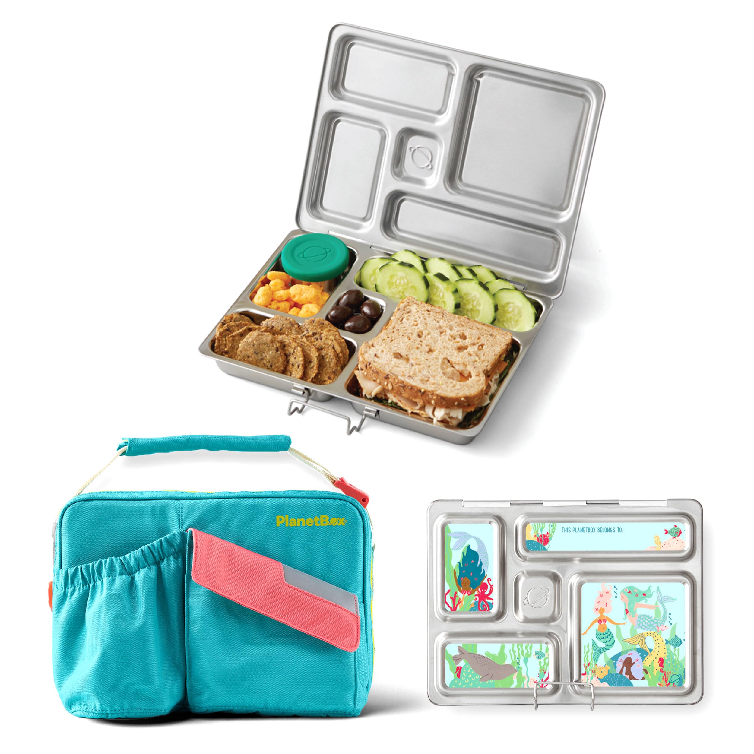 Photo 1 of PlanetBox Rover Stainless Steel Bento Box Style Lunch Box Kit for Kids with 5 Compartments, Includes Insulated Lunch Bag