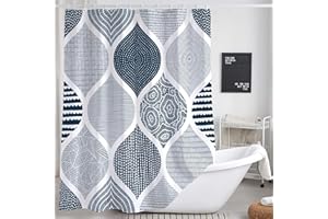 JAWO Blue and Grey Shower Curtain for Bathroom, Light Blue White Dark Gray Navy Bohemian Chic Geometric Pattern Fabric Shower Curtains Set, Modern Paisley Restroom Decor Accessories with Hooks 72X72Inches