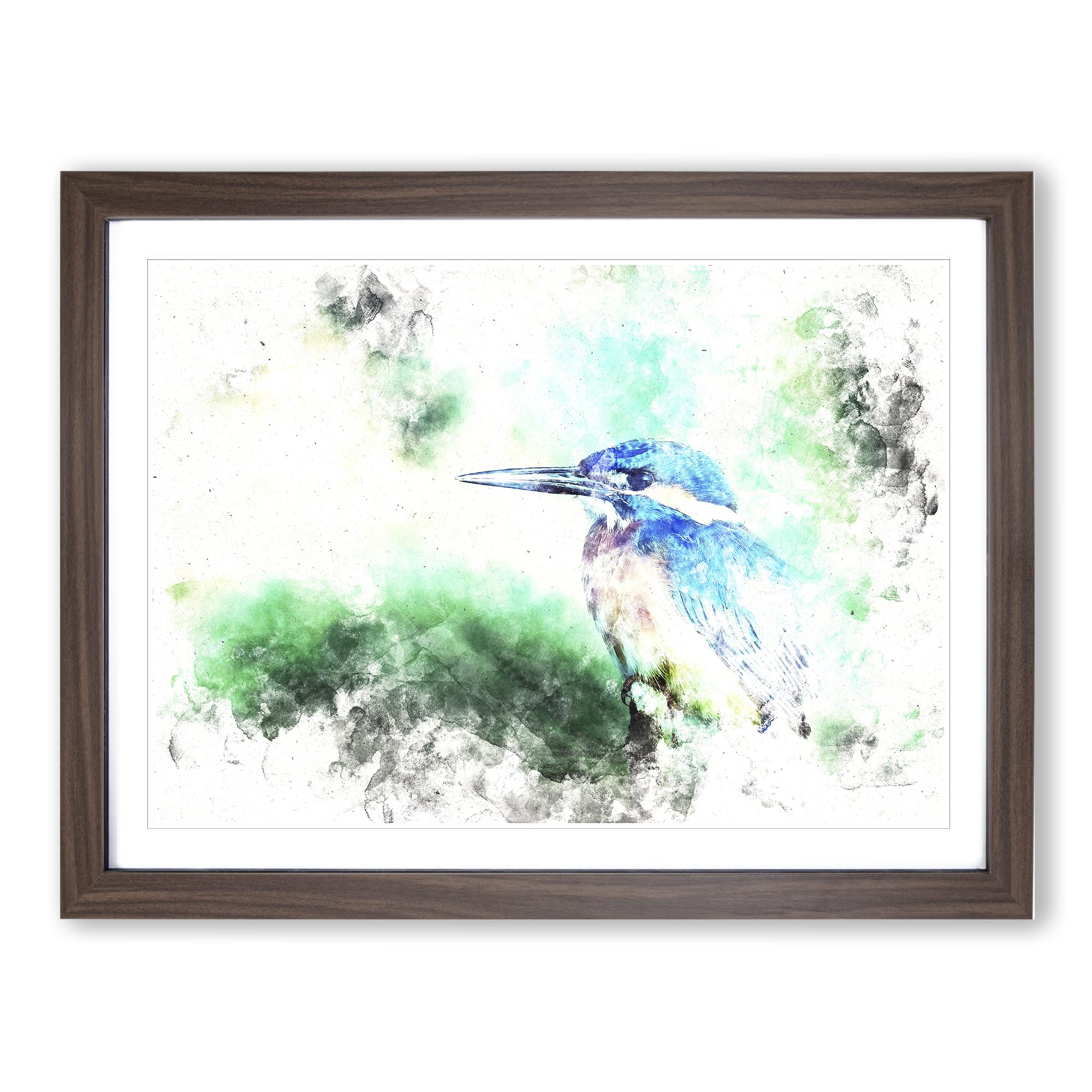 The Kingfisher Bird Looking West Watercolour Modern Framed Wall Art Print, Ready to Hang Picture for Living Room Bedroom Home Office Décor, Walnut A4 (34 x 25 cm)
