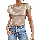SweatyRocks Women's Crew Neck Satin Blouse Cap Short Sleeve Party Blouse Shirts Tops