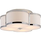 JONATHAN Y 18" Chrome Modern Scalloped LED Flush Mount Ceiling Light Fixture, White Linen Shade Quatrefoil Chandelier for Bed